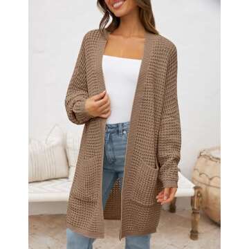 ZESICA Women's Fall Long Batwing Sleeve Open Front Chunky Knit Cardigan Sweater,Khaki,Small