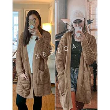 ZESICA Women's Fall Long Batwing Sleeve Open Front Chunky Knit Cardigan Sweater,Khaki,Small