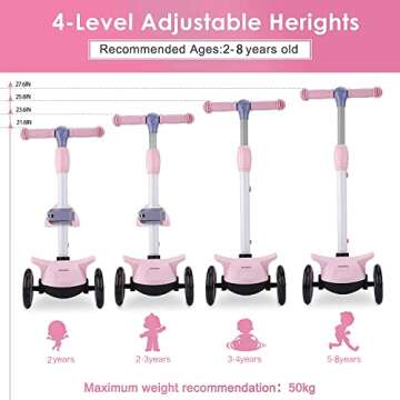 Wheelive 2 in 1 Kick Scooter with Removable Seat, 3 LED Wheels Kick Scooter for Kids, 4 Adjustable Height & Foldable Design Toddler Scooters Sit or Stand Ride for Boys & Girls 2-8 Years Old (Pink）
