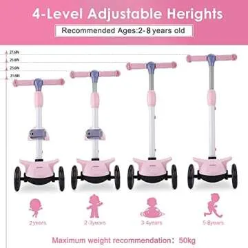 Wheelive 2 in 1 Kick Scooter with Removable Seat, 3 LED Wheels Kick Scooter for Kids, 4 Adjustable Height & Foldable Design Toddler Scooters Sit or Stand Ride for Boys & Girls 2-8 Years Old (Pink）
