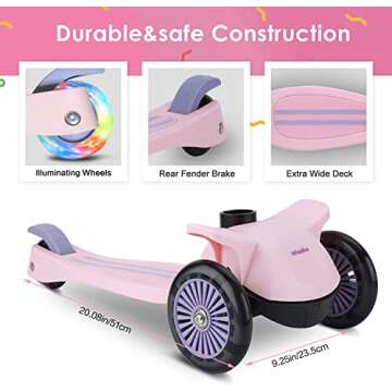 Wheelive 2 in 1 Kick Scooter with Removable Seat, 3 LED Wheels Kick Scooter for Kids, 4 Adjustable Height & Foldable Design Toddler Scooters Sit or Stand Ride for Boys & Girls 2-8 Years Old (Pink）
