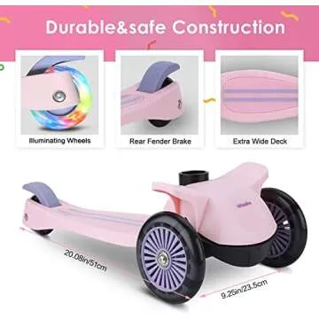 Wheelive 2 in 1 Kick Scooter with Removable Seat, 3 LED Wheels Kick Scooter for Kids, 4 Adjustable Height & Foldable Design Toddler Scooters Sit or Stand Ride for Boys & Girls 2-8 Years Old (Pink）