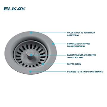 Elkay LKQS35BK Polymer Drain Fitting with Removable Basket Strainer and Rubber Stopper, Black