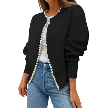 ZESICA Women's Open Front Cardigan Sweater Casual Knitted Long Sleeve Pearls Trim Outerwear Coat Tre...
