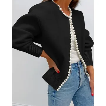 ZESICA Women's Elegant Open Front Cardigan with Pearls