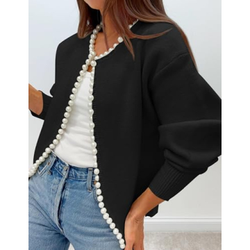 ZESICA Women's Elegant Open Front Cardigan with Pearls