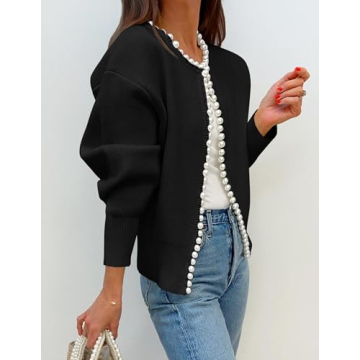 ZESICA Women's Elegant Open Front Cardigan with Pearls