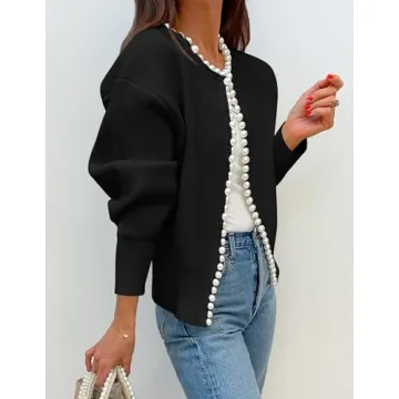 ZESICA Women's Elegant Open Front Cardigan with Pearls