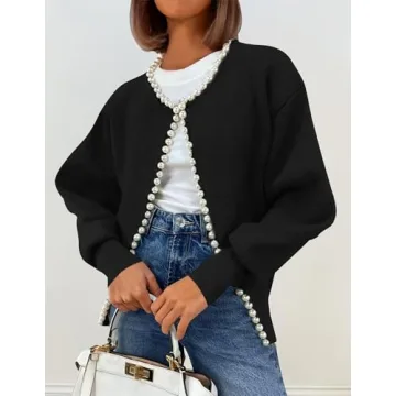 ZESICA Women's Elegant Open Front Cardigan with Pearls