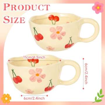 MAKCNMYM Cute Ceramic Coffee Mug Set of 2 Vintage Pink Cherrys Florat Mugs 8 oz trregular Aesthetic ...