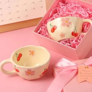 MAKCNMYM Cute Floral Ceramic Mug Set - 8 oz Tea Cups