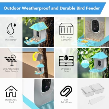 Smart Bird Feeder with Camera, 5000mAh Battery with Solar Panel, 2K Live View/AI Identifies/App Control/Instant Arrival Alert/Auto Capture/135° Motion Detection/IP65 Waterproof, Ideal Gift