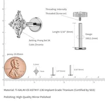 FINE4U Cartilage Earring Piercing Jewelry Titanium for Tragus Conch Helix 16G 6mm 8mm - ASTM F136 Titanium Four-Pointed Flat Back Stud, Hypoallergenic Body Jewelry