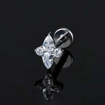 FINE4U Cartilage Earring Piercing Jewelry Titanium for Tragus Conch Helix 16G 6mm 8mm - ASTM F136 Titanium Four-Pointed Flat Back Stud, Hypoallergenic Body Jewelry