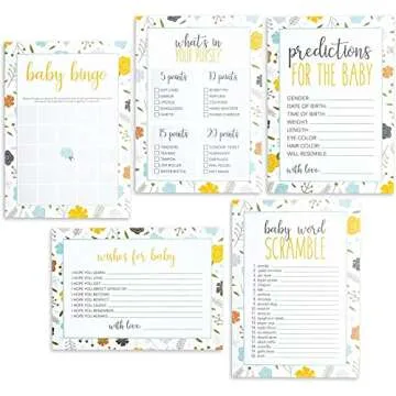 Floral Baby Shower Games - Pack of 5 Activities for Gender Reveal Party Decorations (50 Cards Each, 250 Total)