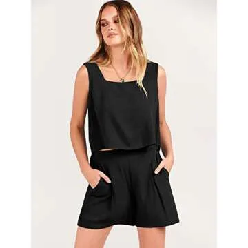 ANRABESS Womens 2 Piece Outfits Linen Square Neck Crop Short Set Lounge Matching Sets 2023 Trendy Clothes Summer Vacation Set for Beach Vacation Resort 997heise-S, Black