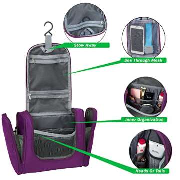 bago Travel Toiletry Bag for Women and Men - Large Waterproof Hanging Toiletry Bag for Bathroom and Travel Bag for Toiletries Organizer (Purple)