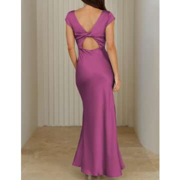 Halfisland Womens Summer Satin V Neck Cap Sleeve Backless Maxi Dress Elegant Twist Cut Out Midi Dresses Wedding Guest Fuchsia