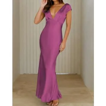 Halfisland Womens Summer Satin V Neck Cap Sleeve Backless Maxi Dress Elegant Twist Cut Out Midi Dresses Wedding Guest Fuchsia