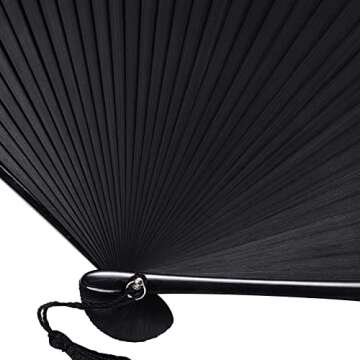 Wobe Hand Held Bamboo Silk Folding Fan, Chinese Japanese Handheld Fan with Tassel Wooden Charming Elegant Vintage Retro Style for Women Ladys Girls Dance Party Home Decorations (Black)