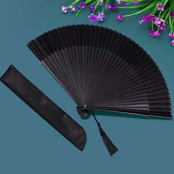Wobe Hand Held Bamboo Silk Folding Fan, Chinese Japanese Handheld Fan with Tassel Wooden Charming Elegant Vintage Retro Style for Women Ladys Girls Dance Party Home Decorations (Black)