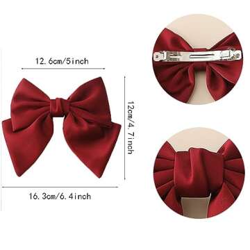 2 Pieces Silky Satin Hair Bows, Large Soft Ribbon Clips for Women Girls (Black, Wine Red)