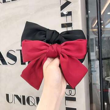 2 Pieces Silky Satin Hair Bows, Large Soft Ribbon Clips for Women Girls (Black, Wine Red)