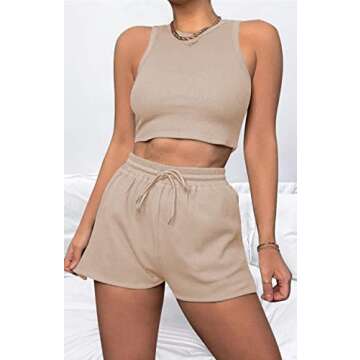 Lingswallow 2 Piece Women Lounge Sets - Sleeveless Crop Top and Shorts Waffle Lounge Set Tracksuits Sweatsuits for Women