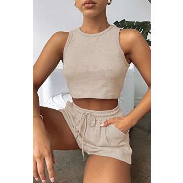 Lingswallow 2 Piece Women Lounge Sets - Sleeveless Crop Top and Shorts Waffle Lounge Set Tracksuits Sweatsuits for Women