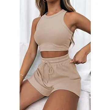 Lingswallow 2 Piece Women Lounge Sets - Sleeveless Crop Top and Shorts Waffle Lounge Set Tracksuits Sweatsuits for Women