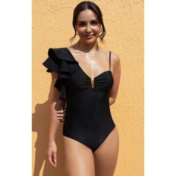SPORLIKE Women One Piece Swimsuit Ruffle One Shoulder Bathing Suit Padded Monokini(Black,Small)