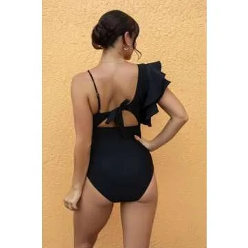 SPORLIKE Women One Piece Swimsuit Ruffle One Shoulder Bathing Suit Padded Monokini(Black,Small)