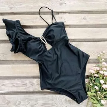 SPORLIKE Women One Piece Swimsuit Ruffle One Shoulder Bathing Suit Padded Monokini(Black,Small)
