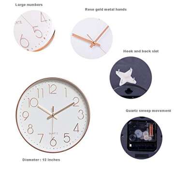 Jomparis 12" Silent Non-Ticking Rose Gold Wall Clock