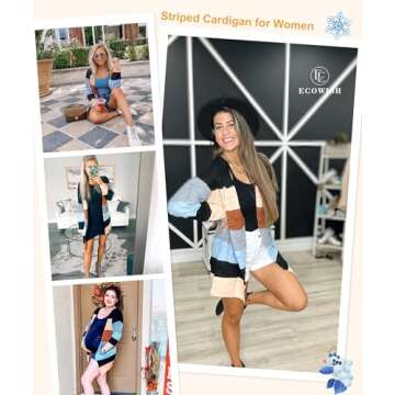 ECOWISH Cardigan Sweaters for Women Lightweight Fall Color Block Striped Long Sleeve Open Front Cozy...