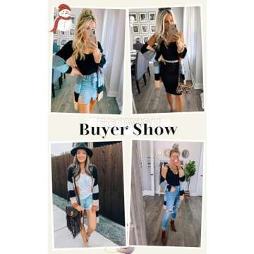 ECOWISH Cardigan Sweaters for Women Lightweight Fall Color Block Striped Long Sleeve Open Front Cozy Knitted Coats Outwear Small Black