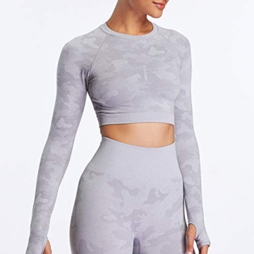 Aoxjox Women's Long Sleeve Camo Crop Top Gym Wear