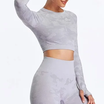 Aoxjox Women's Long Sleeve Camo Crop Top Gym Wear