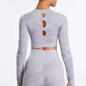 Aoxjox Women's Long Sleeve Camo Crop Top Gym Wear
