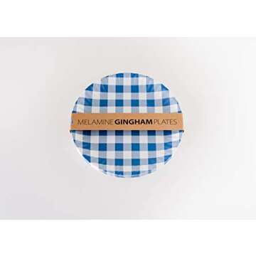 180D Reusable Blue & White Gingham Checkered Picnic/Dinner Plate, 9 Inch Melamine, Set of 5