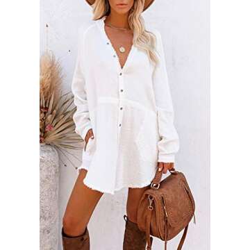 Pink Queen Women V Neck Long Sleeve Button Down Blouse Tunic Shirt Mini Dress with Pockets White M