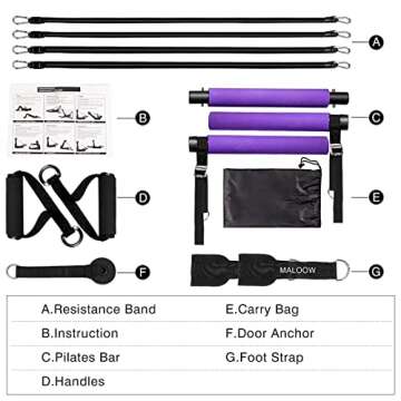 MALOOW Adjustable Pilates Bar Kit with Resistance Bands,Portable Yoga Exercise Sticks&2 Sets Stackab...