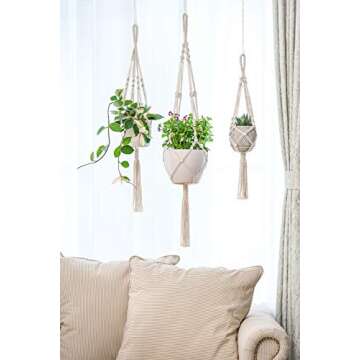 Mkono Macrame Plant Hanger Indoor Outdoor Hanging Planter Basket Cotton Rope 4 Legs 41 Inch