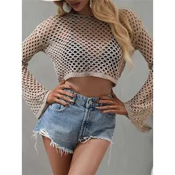 Stylish KEOMUD Women's Mesh Crochet Crop Top Cover-Up