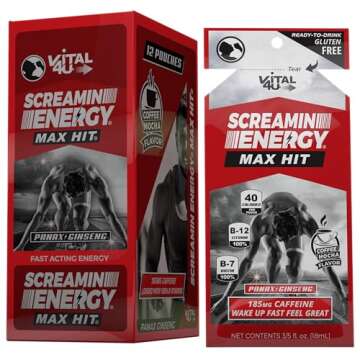 Screamin Energy Max Hit - Maximum Strength Energy Shot with Ginseng & Caffeine - Coffee Mocha, 24 Ct