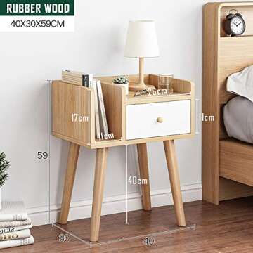 IOTXY Bedroom Wooden Night Stand - Bedside Cabinet with Storage Drawer and Bookcase, Nightstands in Rubber Wood, Version 2 - Full Upgraded in 2022