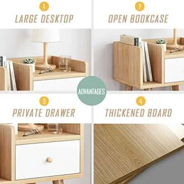 IOTXY Bedroom Wooden Night Stand - Bedside Cabinet with Storage Drawer and Bookcase, Nightstands in Rubber Wood, Version 2 - Full Upgraded in 2022