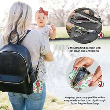 Smlpuame Pacifier Holder Case,BPA Free Leather Baby Pacifier Cover Pouch,Binky Case for Diaper Bag or Purse,Holder 4 Pacifiers or Teether Toy,Outdoor Travel Accessories,Easy to Clean(Green Leaf& Rose)