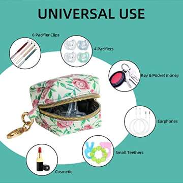 Smlpuame Pacifier Holder Case,BPA Free Leather Baby Pacifier Cover Pouch,Binky Case for Diaper Bag or Purse,Holder 4 Pacifiers or Teether Toy,Outdoor Travel Accessories,Easy to Clean(Green Leaf& Rose)