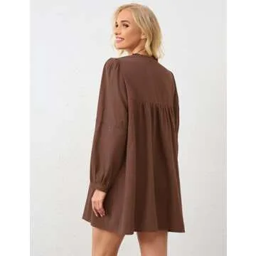 Ceputer Women’s Long Puff Sleeve Bow Tie Front Loose Cute Mini Dress Square Neck Lace Embroidered Contrast Babydoll Dress Brown